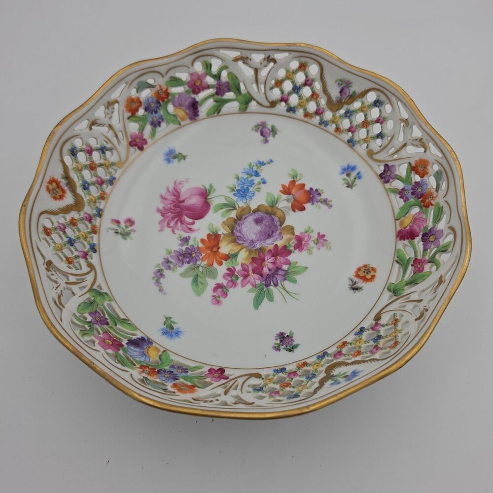 Vintage Dresden Schumann Bavaria 9" Reticulated Floral Serving Bowl Gold Gilt